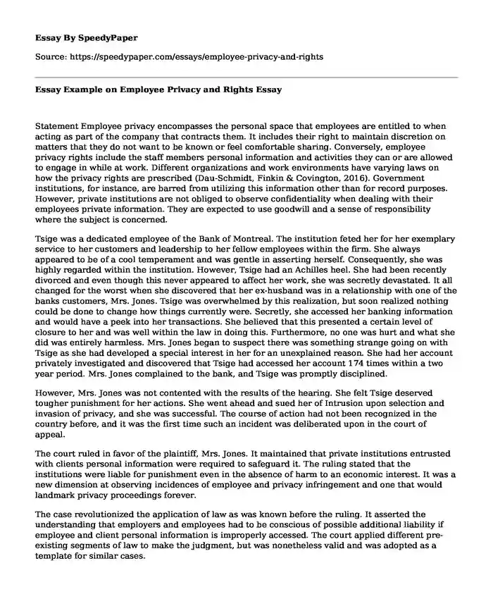 Essay Example on Employee Privacy and Rights