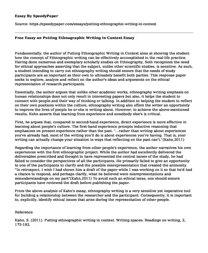 Free Essay on Putting Ethnographic Writing in Context