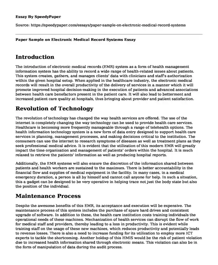 Paper Sample on Electronic Medical Record Systems