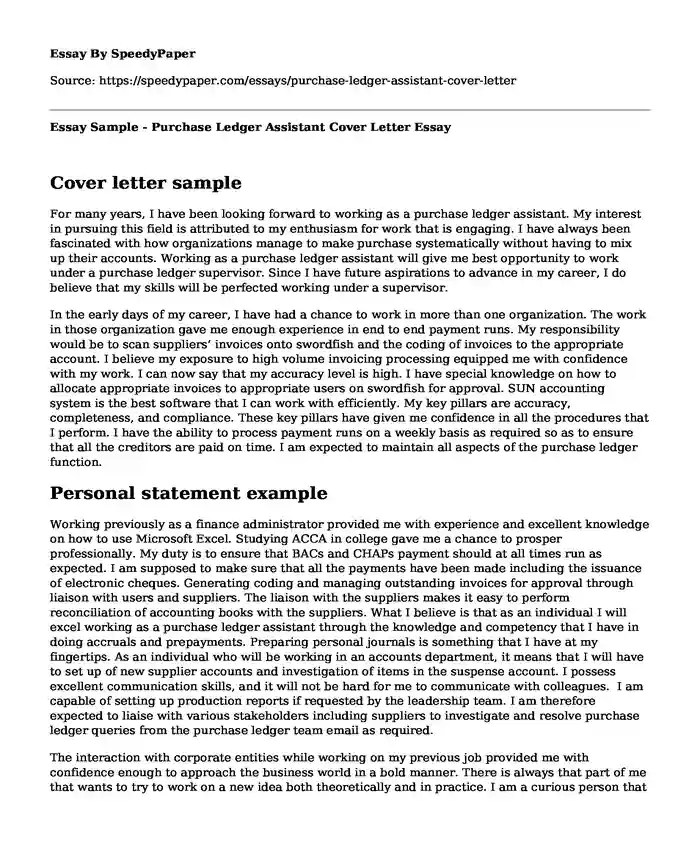 Essay Sample - Purchase Ledger Assistant Cover Letter