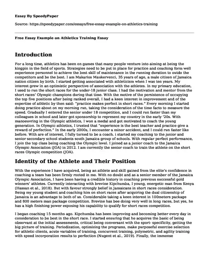 Free Essay Example on Athletics Training