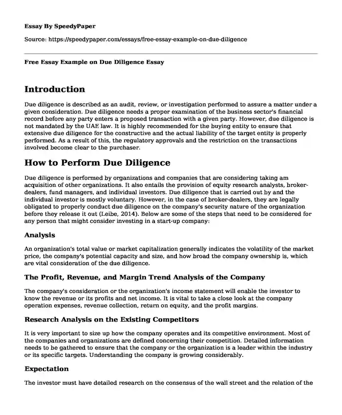 Free Essay Example on Due Diligence