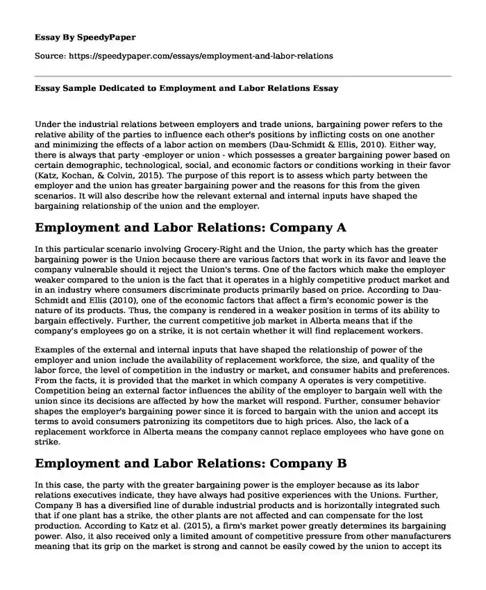 Essay Sample Dedicated to Employment and Labor Relations