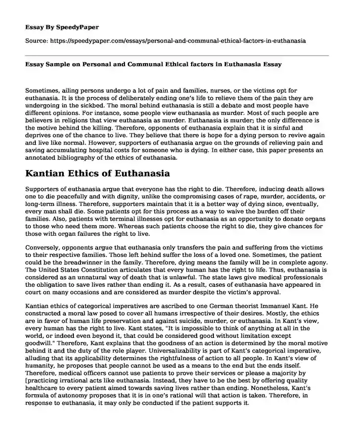 Essay Sample on Personal and Communal Ethical factors in Euthanasia