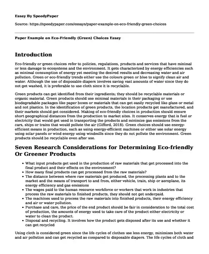 Paper Example on Eco-Friendly (Green) Choices