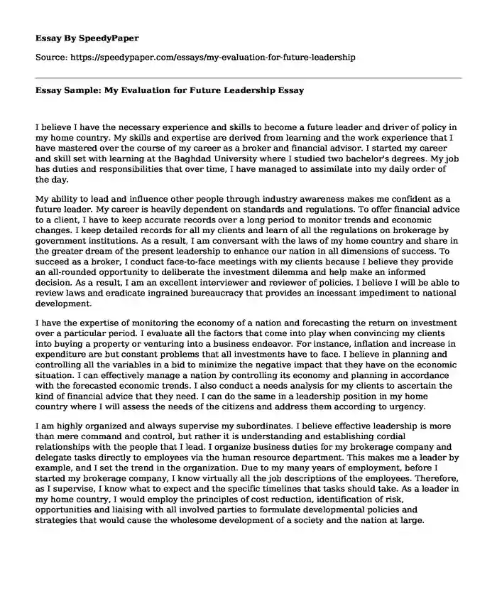 Essay Sample: My Evaluation for Future Leadership