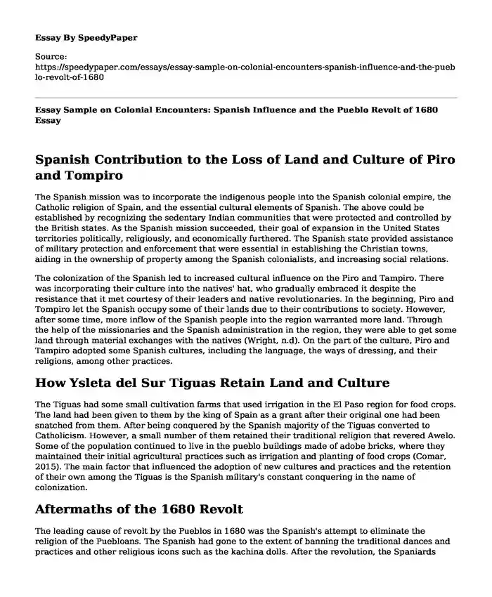 Essay Sample on Colonial Encounters: Spanish Influence and the Pueblo Revolt of 1680