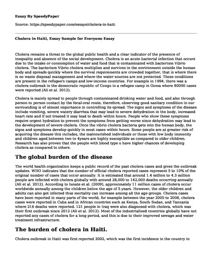 Cholera in Haiti, Essay Sample for Everyone