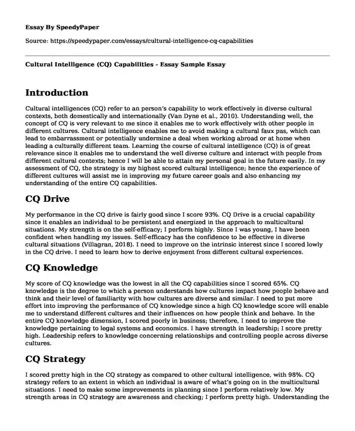 Cultural Intelligence (CQ) Capabilities - Essay Sample