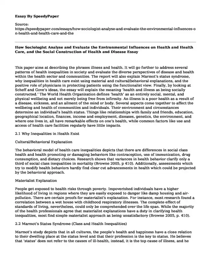 How Sociologist Analyse and Evaluate the Environmental Influences on Health and Health Care, and the Social Construction of Health and Disease