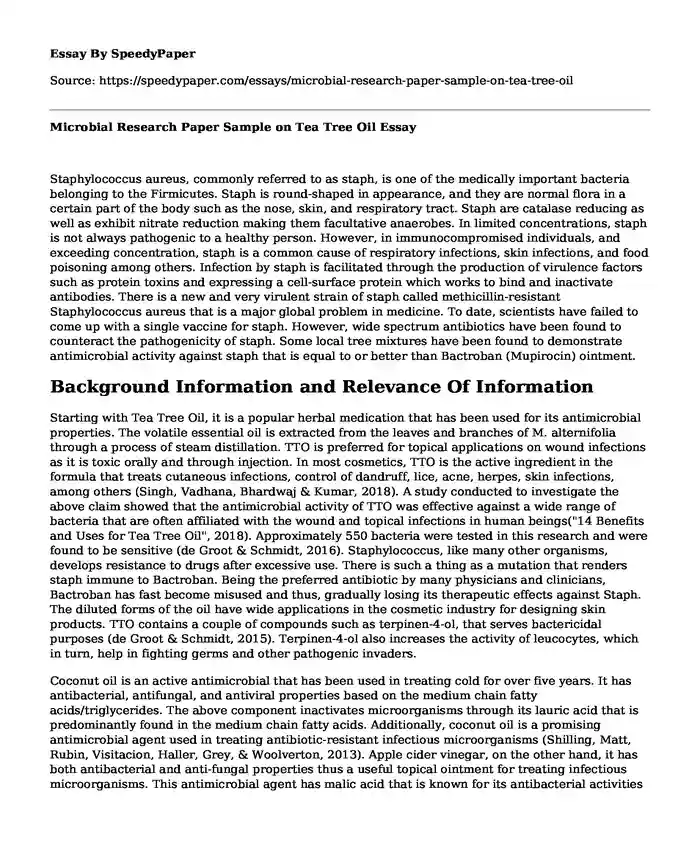 Microbial Research Paper Sample on Tea Tree Oil