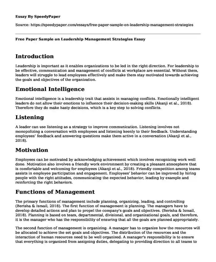 Free Paper Sample on Leadership Management Strategies