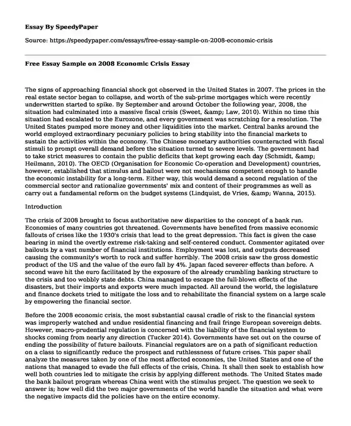 Free Essay Sample on 2008 Economic Crisis