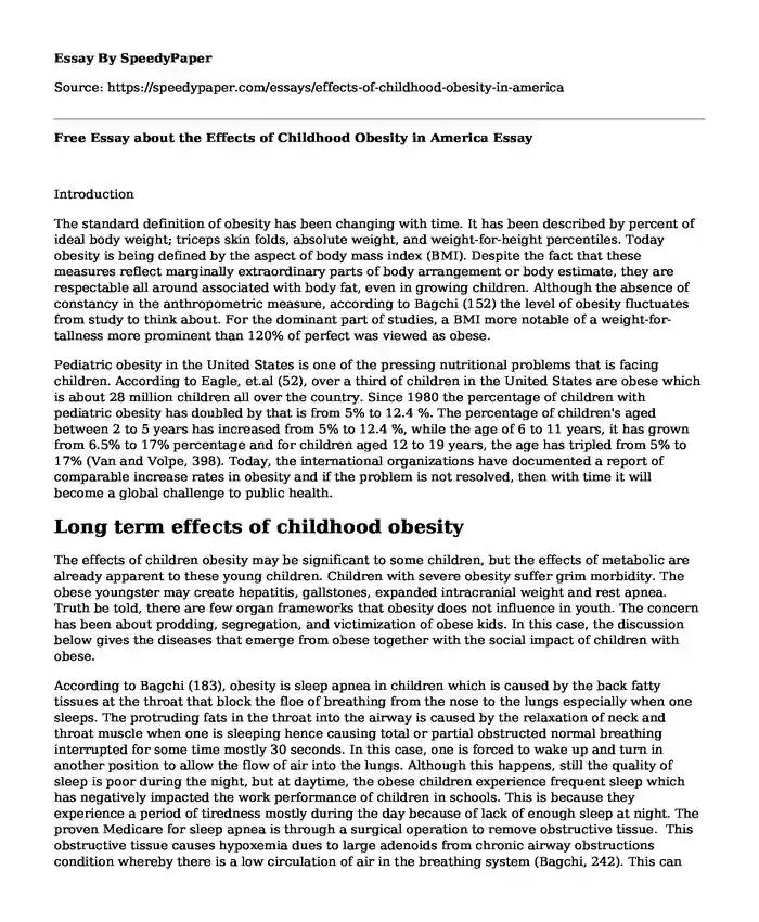 Free Essay about the Effects of Childhood Obesity in America  