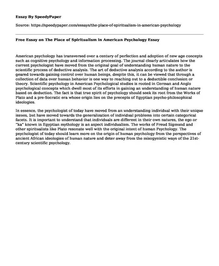 Free Essay on The Place of Spiritualism in American Psychology