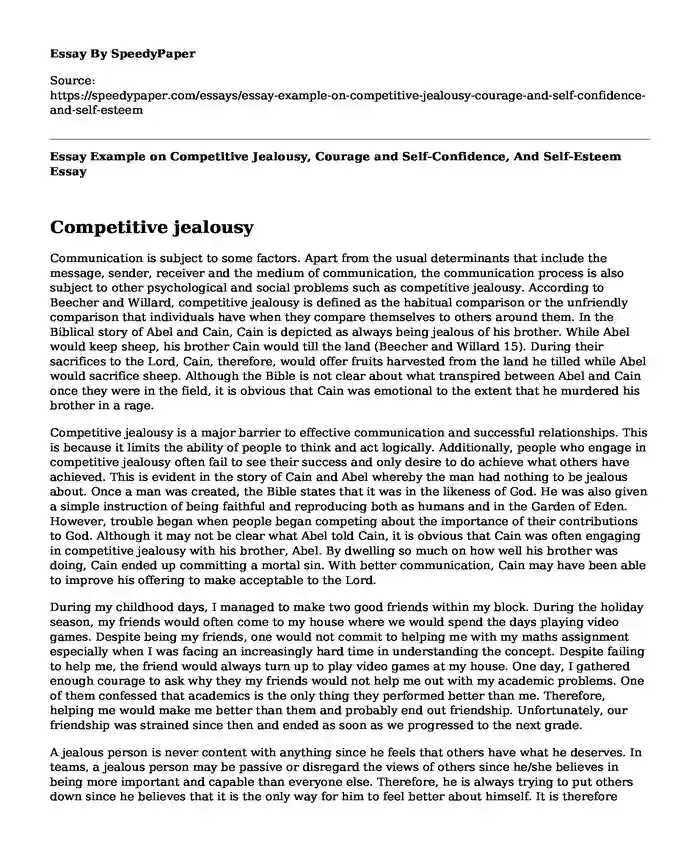 Essay Example on Competitive Jealousy, Courage and Self-Confidence, And Self-Esteem