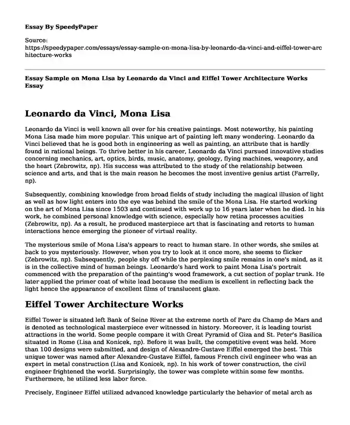 Essay Sample on Mona Lisa by Leonardo da Vinci and Eiffel Tower Architecture Works