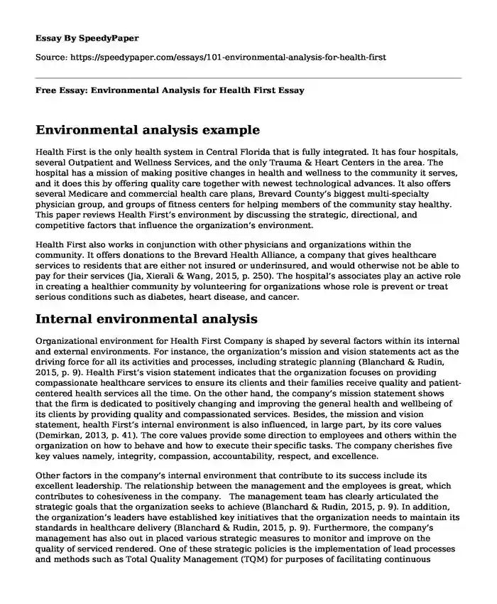 Free Essay: Environmental Analysis for Health First