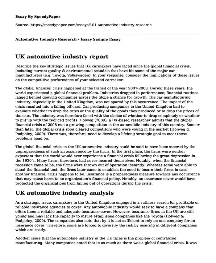 Automotive Industry Research - Essay Sample