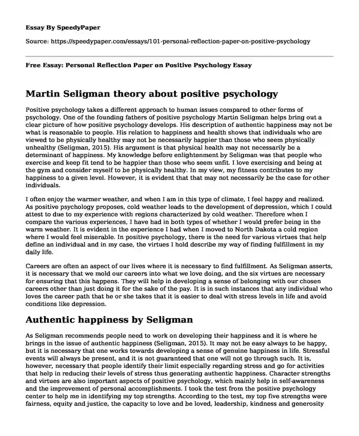 Free Essay: Personal Reflection Paper on Positive Psychology