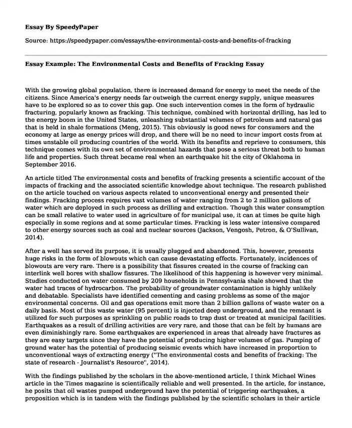 Essay Example: The Environmental Costs and Benefits of Fracking