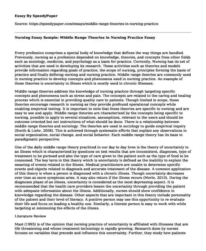 Nursing Essay Sample: Middle Range Theories in Nursing Practice