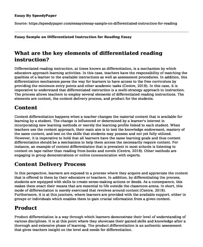Essay Sample on Differentiated Instruction for Reading