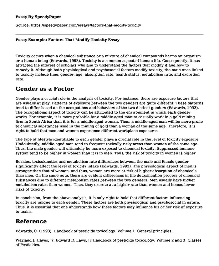 Essay Example: Factors That Modify Toxicity