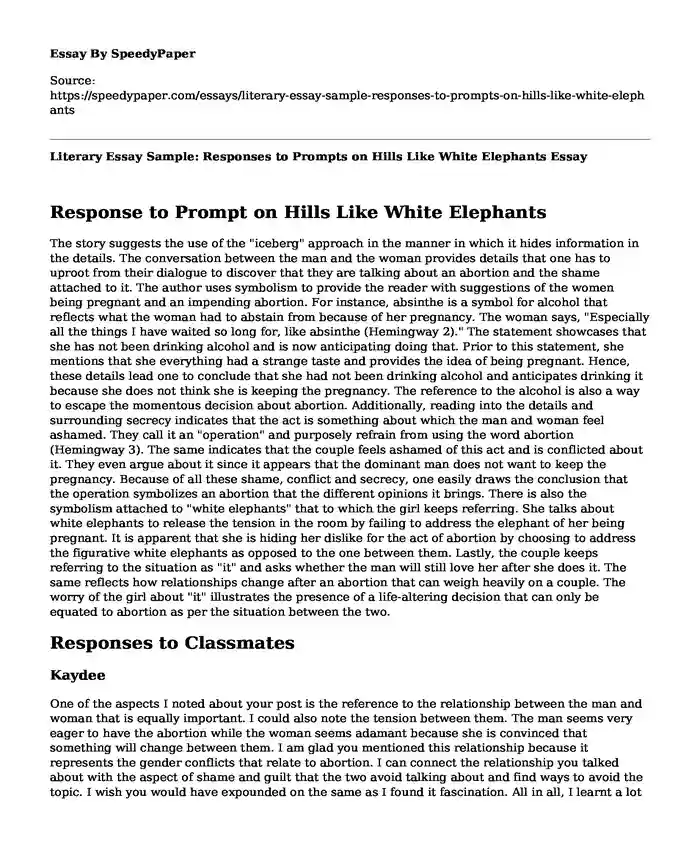 Literary Essay Sample: Responses to Prompts on Hills Like White Elephants