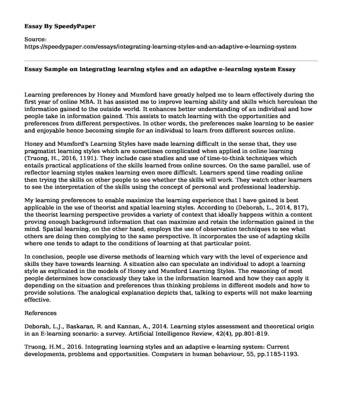Essay Sample on integrating learning styles and an adaptive e-learning system