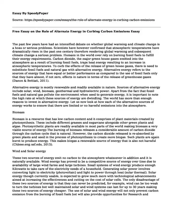 Free Essay on the Role of Alternate Energy in Curbing Carbon Emissions