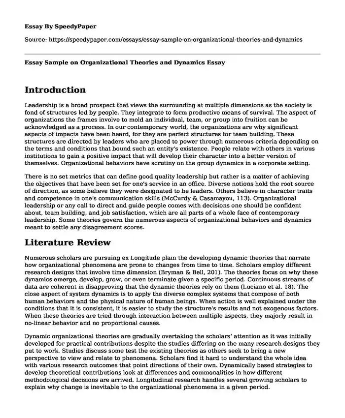 Essay Sample on Organizational Theories and Dynamics