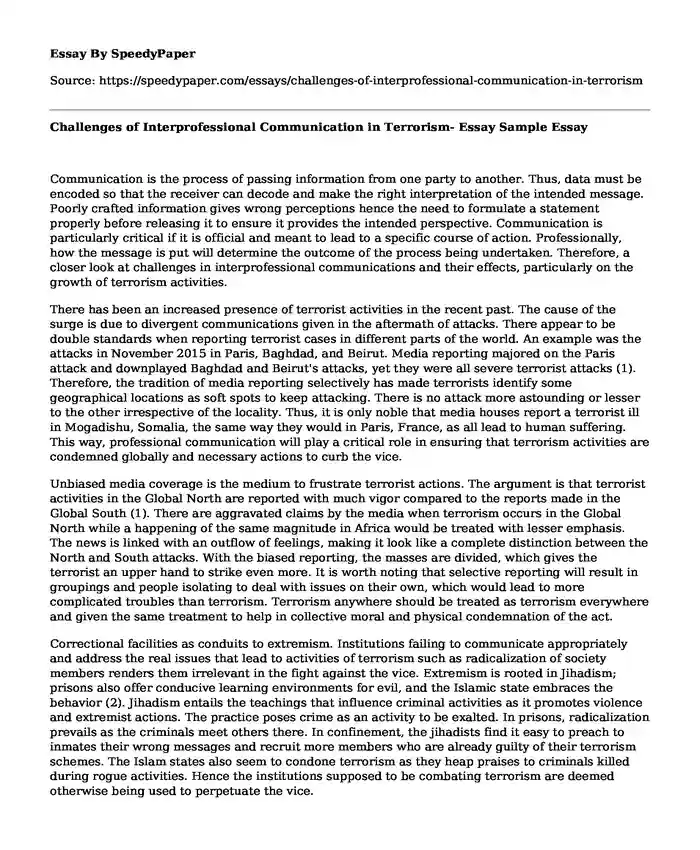 Challenges of Interprofessional Communication in Terrorism- Essay Sample