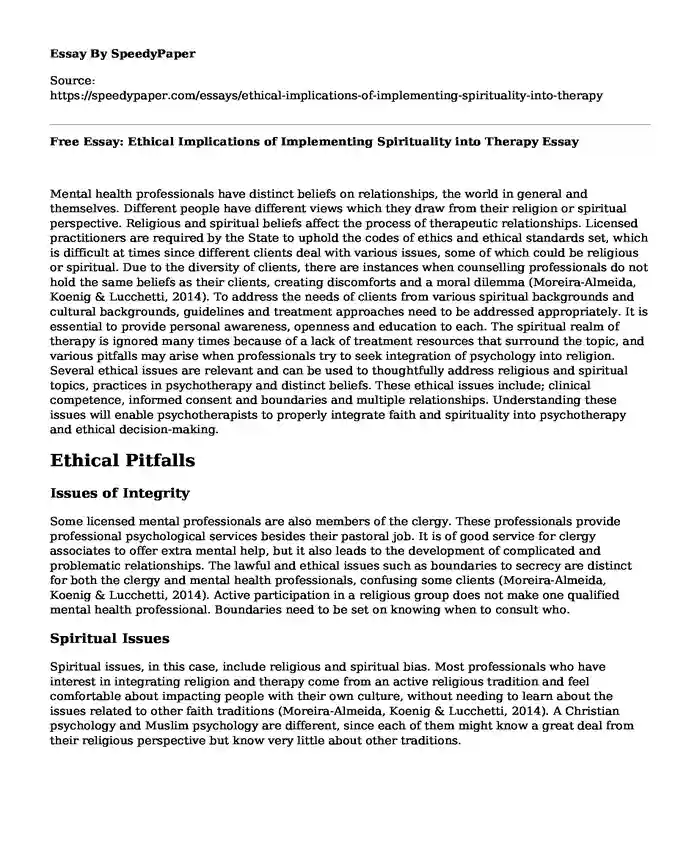 Free Essay: Ethical Implications of Implementing Spirituality into Therapy