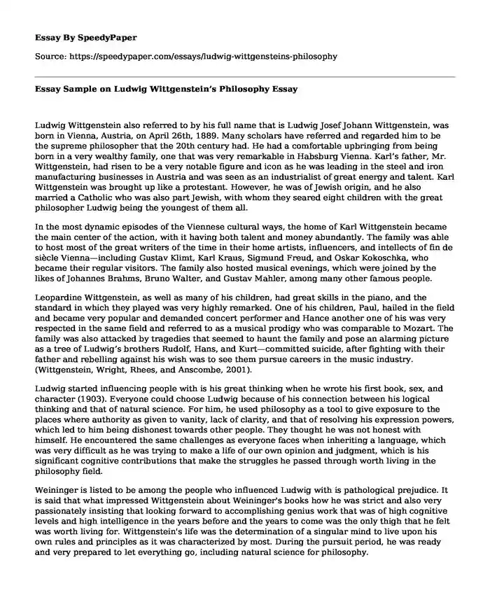 Essay Sample on Ludwig Wittgenstein's Philosophy
