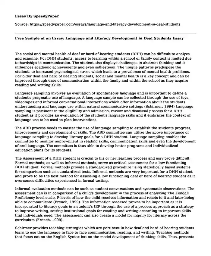 Free Sample of an Essay: Language and Literacy Development in Deaf Students