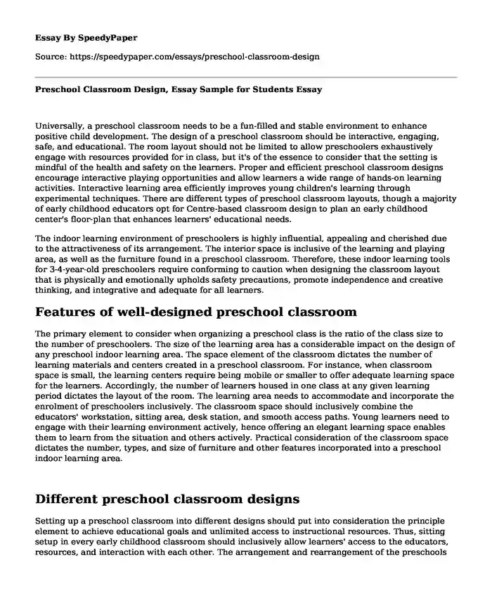 Preschool Classroom Design, Essay Sample for Students