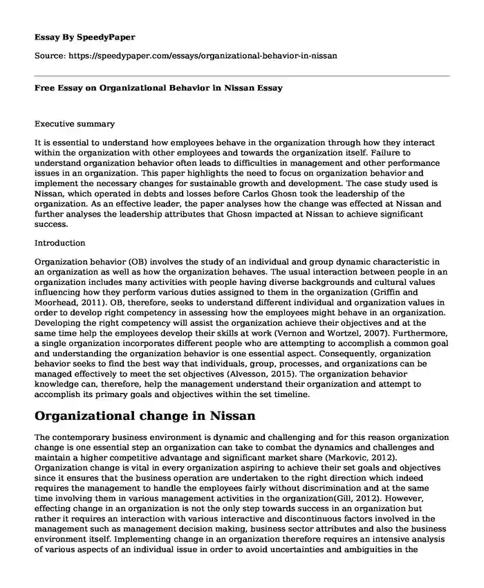 Free Essay on Organizational Behavior in Nissan