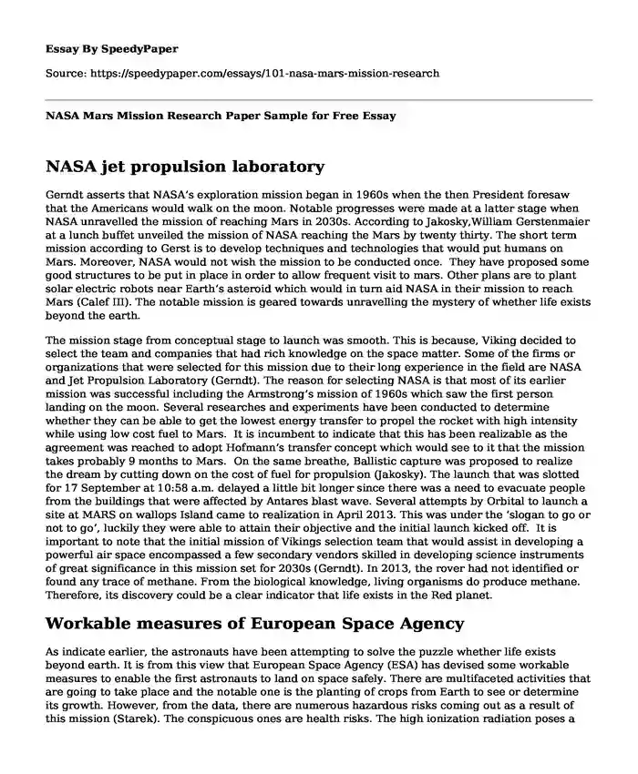 NASA Mars Mission Research Paper Sample for Free