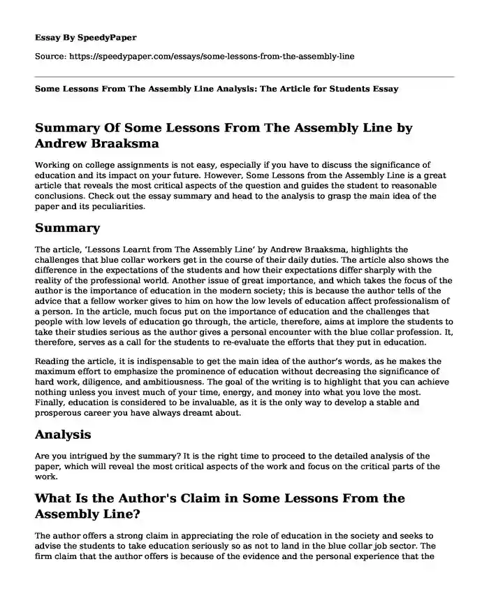 Some Lessons From The Assembly Line Analysis: The Article for Students