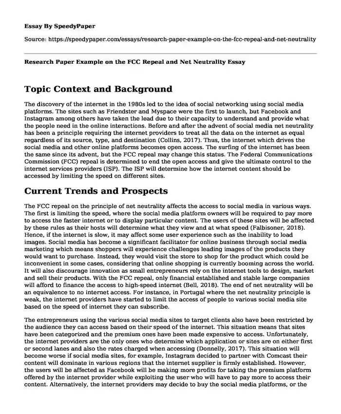 Research Paper Example on the FCC Repeal and Net Neutrality