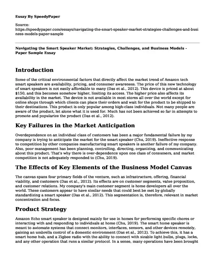 Navigating the Smart Speaker Market: Strategies, Challenges, and Business Models - Paper Sample