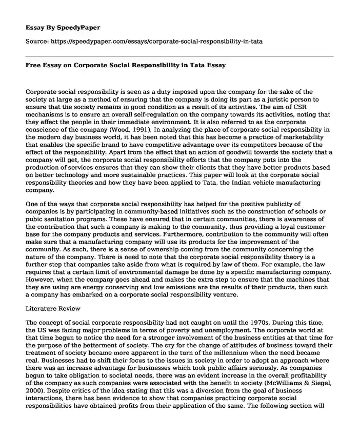 Free Essay on Corporate Social Responsibility in Tata