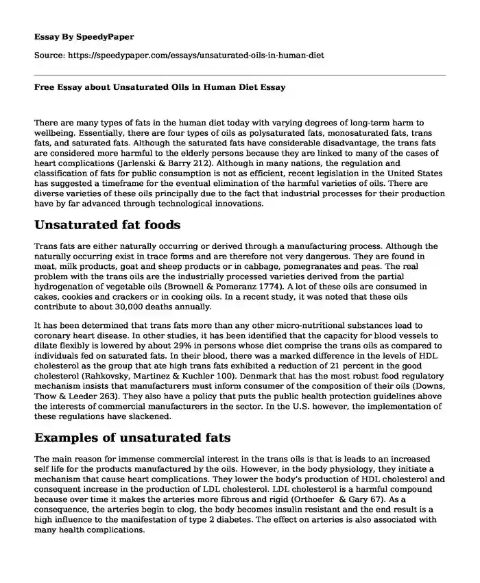 Free Essay about Unsaturated Oils in Human Diet