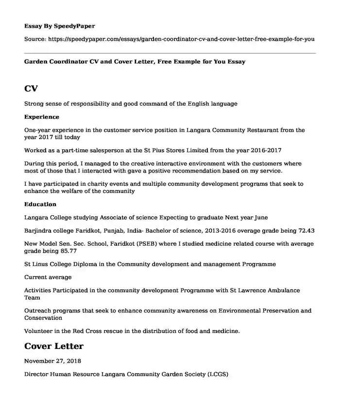 Garden Coordinator CV and Cover Letter, Free Example for You