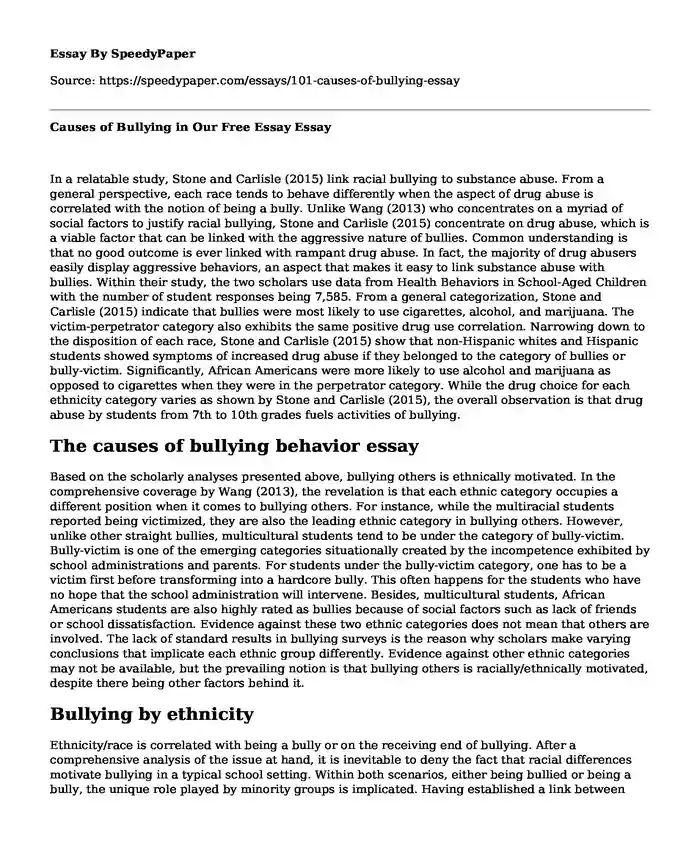 Causes of Bullying in Our Free Essay