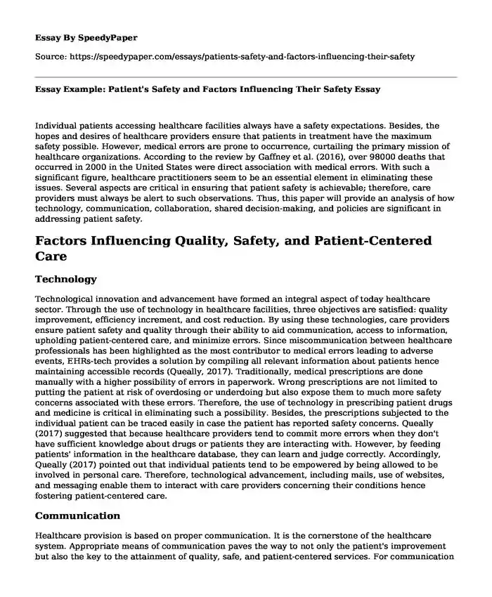 Essay Example: Patient's Safety and Factors Influencing Their Safety