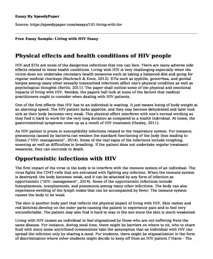 Free Essay Sample: Living with HIV