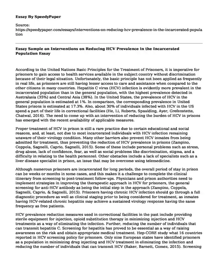 Essay Sample on Interventions on Reducing HCV Prevalence in the Incarcerated Population