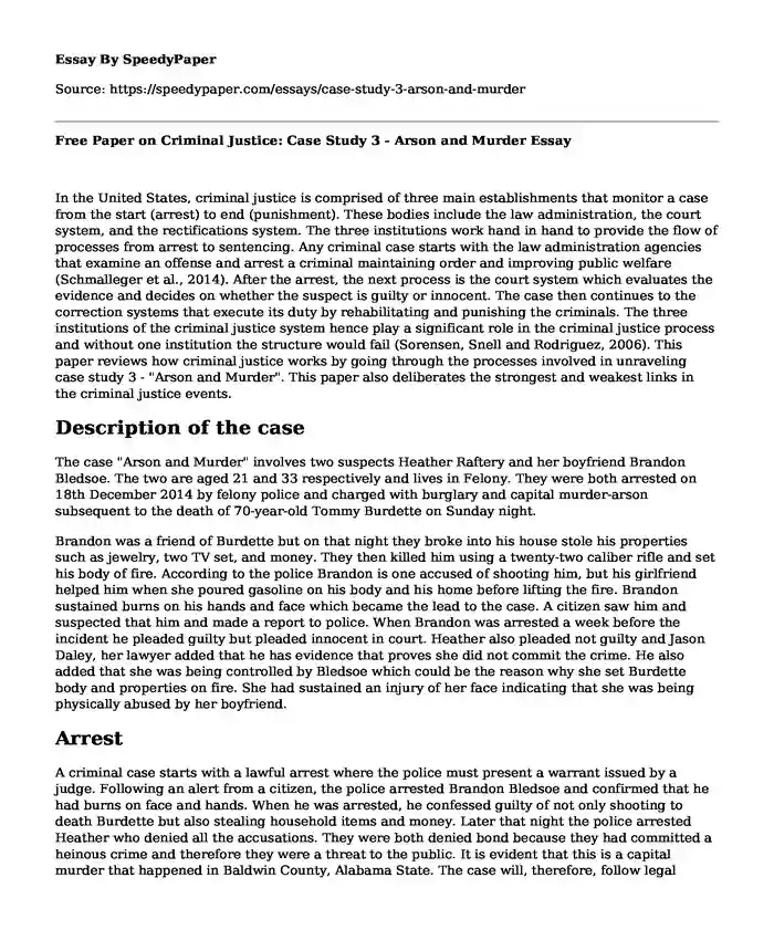 Free Paper on Criminal Justice: Case Study 3 - Arson and Murder